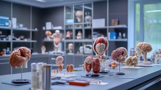 A table full of anatomical models, including a brain, a heart, and a skeleton. The scene is set in a laboratory, with various tools and equipment scattered around the table. Scene is one of curiosity