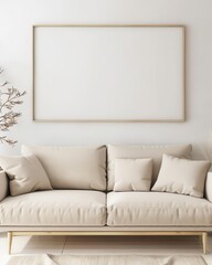 Blank frame above modern sofa, soft beige and cream tones, blank frame living room, neutral interior