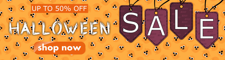 halloween sale, template discount banner design with tags SALE on the background of lots of cute ghost. modern bright horizontal vector illustration en pumpkin orange tones, header for the website
