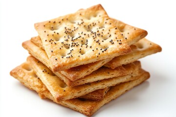 Savory Crackers Stacked on a White Surface, Showcasing a Golden-Brown Texture and Poppy Seeds