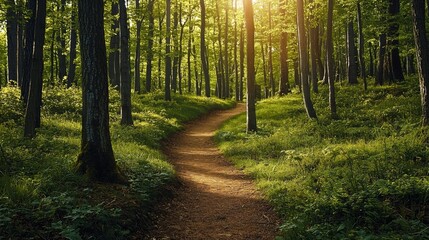 Fototapeta premium Nature trail and hiking path in forest. Forest scene with hiking path, straight trail through forest