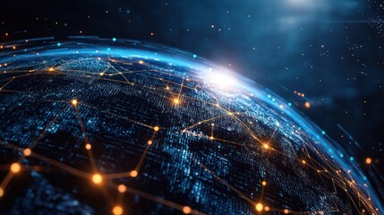 Obraz premium A blue and orange planet with a network of lines connecting it. The planet is surrounded by a star and a few other stars