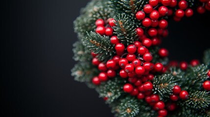 Close-up of a Christmas wreath featuring red berries and bright green pine needles against a plain black background