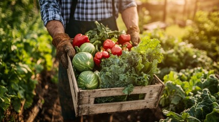 A farmer stands in front of a crate of recently gathered vegetables.