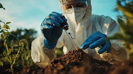 virologist collects soil in a test tube. Selective focus
