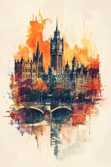 Fototapeta premium Glasgow, United Kingdom, color pen pencil hand-drawn effect drawing illustration for travel poster, card, wallpaper, backdrop or banner. Modern, clear, artistic and simple
