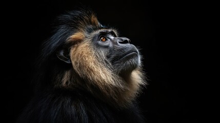 Obraz premium A close up portrait of a Golden monkey looking up. The monkey is against a black background, emphasizing it's features.