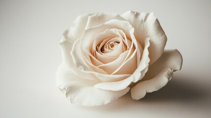 A single, pristine white rose with soft petals, showcasing its delicate beauty in a minimalist setting.