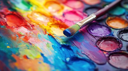 Obraz premium Close-up of a watercolor palette with a brush resting on it, showcasing vibrant colors.