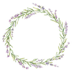 Watercolor wreath of Lavender flower. Floral Clipart. Hand drawn botanical illustration of lavender branch for wedding invitation, logo, cards, packaging and labeling