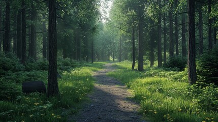 Fototapeta premium Nature trail and hiking path in forest. Forest scene with hiking path, straight trail through forest