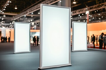 Bright Illuminated Display Panels in Exhibition Hall During Trade Show Event