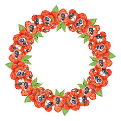 Watercolor wreath of Brazilian guarana. Organic superfood Paullinia cupana. Round frame with plant branch, leaves, fruits and seeds. Dietary supplement, source of caffeine, energy drink.