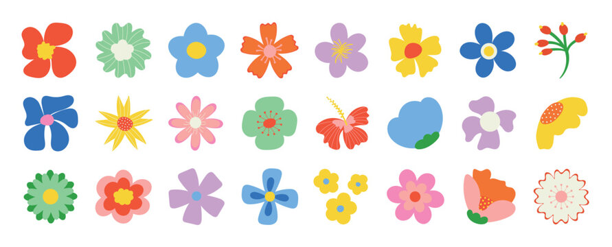 Collection of spring colorful flower elements vector. Set floral of wildflower, daisy, sunflower on white background. Hand drawn blossom illustration for decor, easter, sticker, clipart, print.
