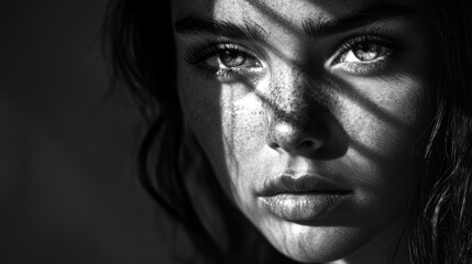 Fototapeta premium A close-up portrait of a young woman with freckles, captured in black and white. The light and shadow create a dramatic effect on her face, highlighting her beauty and intensity.