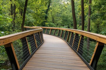 Obraz premium A Wooden Pathway Meanders Through Lush Greenery in a Serene Forest Setting