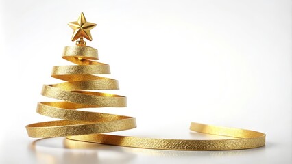 Golden ribbon forming a christmas tree shape with a golden star on top on a white background