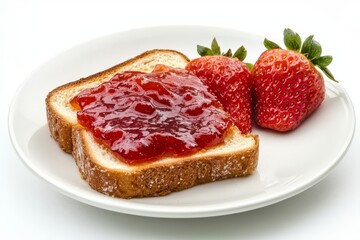 strawberry jam spread on a single piece of toast on a plate , top view, breakfast , quick eats