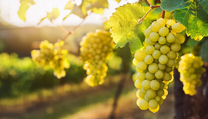 Fototapeta premium Cluster of fresh ripe grape in vineyard. Organic farm product. Natural harvest. Soft sunset light.