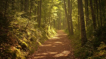 Fototapeta premium Nature trail and hiking path in forest. Forest scene with hiking path, straight trail through forest