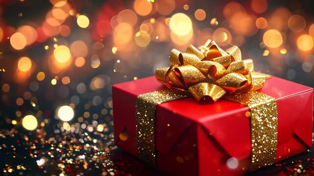 A red gift box with a gold bow glitters on a dark background with a bokeh
