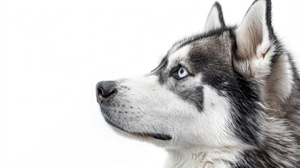 Obraz premium Close-up portrait view of adorable Siberian Husky dog head and face looking from side view isolated on white background