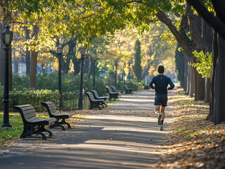 Obraz premium a man taking an early morning run through a park on a paved path