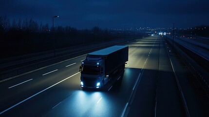 Obraz premium A semi-truck drives on a highway at night, the vehicle's headlights illuminate the road ahead