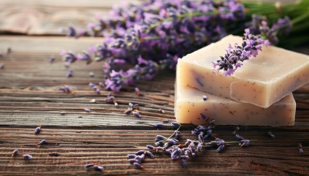 Lavender Soap With Fresh Lavender Flowers on Rustic Wooden Table