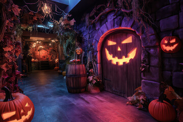 Obraz premium A spooky Halloween scene featuring a stone door with a carved jack-o'-lantern face, surrounded by pumpkins and eerie decorations.