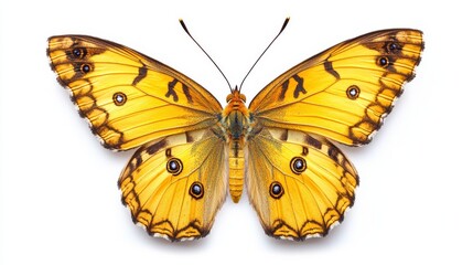 A Vibrant Yellow Butterfly Perched With Open Wings on a White Surface