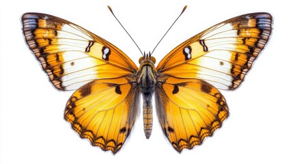 Naklejka premium A Vibrant Orange Butterfly Resting on a White Background, Showcasing Its Detailed Wing Patterns