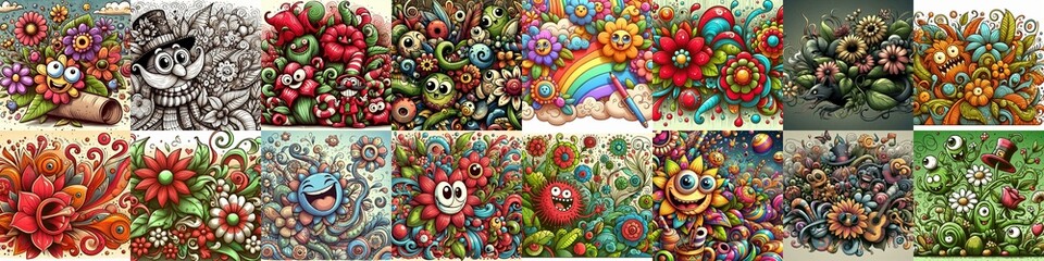 Cartoon style art flowers drawing. AI generated illustration