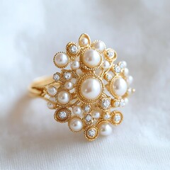 Close-up of a Pearl and Diamond Ring on a White Fabric Background.