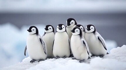 A group of seven adorable Emperor penguin chicks huddle together on a snowy iceberg in Antarctica.
