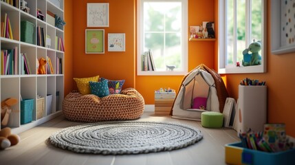 A cozy playroom with colorful decor, featuring a large beanbag chair, a play tent, and a bookshelf filled with books. The room is brightly lit with natural sunlight.