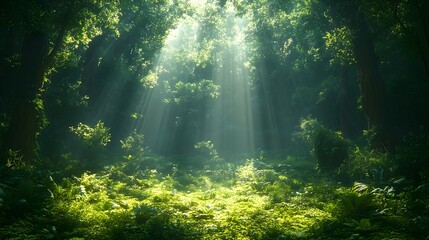Obraz premium Majestic Verdant Forest with Dappled Sunlight and Tranquil Atmosphere