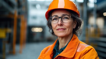 A portrait of a confident woman wearing a hard hat and workwear, standing in a construction or industrial setting.