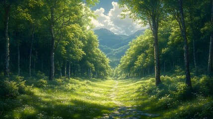 Obraz premium Captivating Verdant Forest Landscape with Dappled Sunlight and Serene Atmosphere