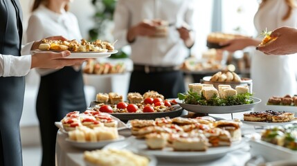 A beautifully arranged buffet table filled with an assortment of appetizers, snacks, and finger foods. The table is set for a party, event, or celebration, with an abundance of choices for guests.