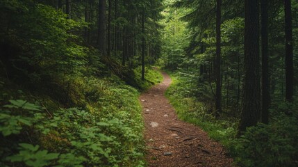 Fototapeta premium Nature trail and hiking path in forest. Forest scene with hiking path, straight trail through forest