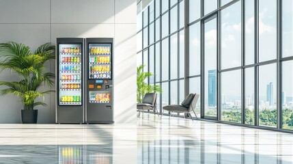 Two modern vending machines are located in the lobby of a contemporary office building with a large window overlooking a city skyline.