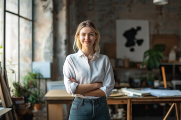 Fototapeta premium happy female business designer standing in an office smiling at work