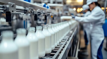 Automated machines bottling milk on a high-speed production line in a modern dairy plant, with workers overseeing the process and space at the top for text,