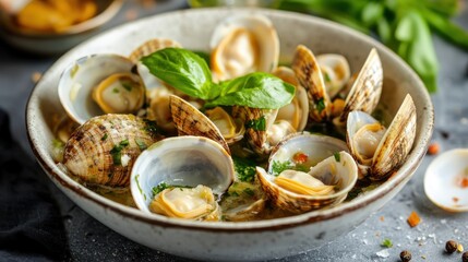 Close up shot of a bowl of fresh cooked clams with herbs and garlic.