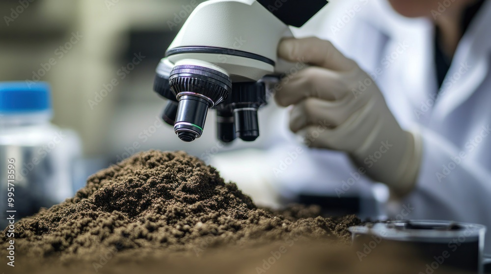 Wall mural a scientist examines soil under a microscope in a laboratory. this image represents scientific resea