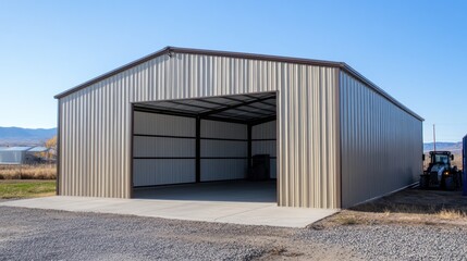 A metal garage building in the countryside.