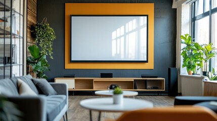 A modern home theater with a large projector screen, comfortable furniture, and stylish decor.