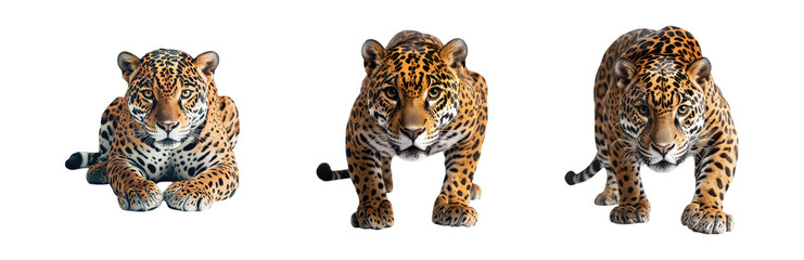 Set of intense jaguar stalking and prowling forward isolated on white background