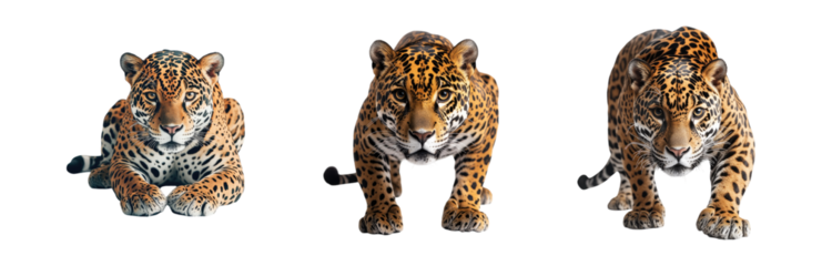 Set of intense jaguar stalking and prowling forward isolated on white background